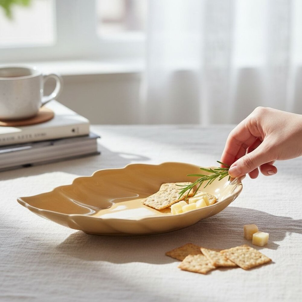 Vintage Yellow Leaf-Shaped Ceramic Serving Dish By Mancer Made In Italy Hand-Pai